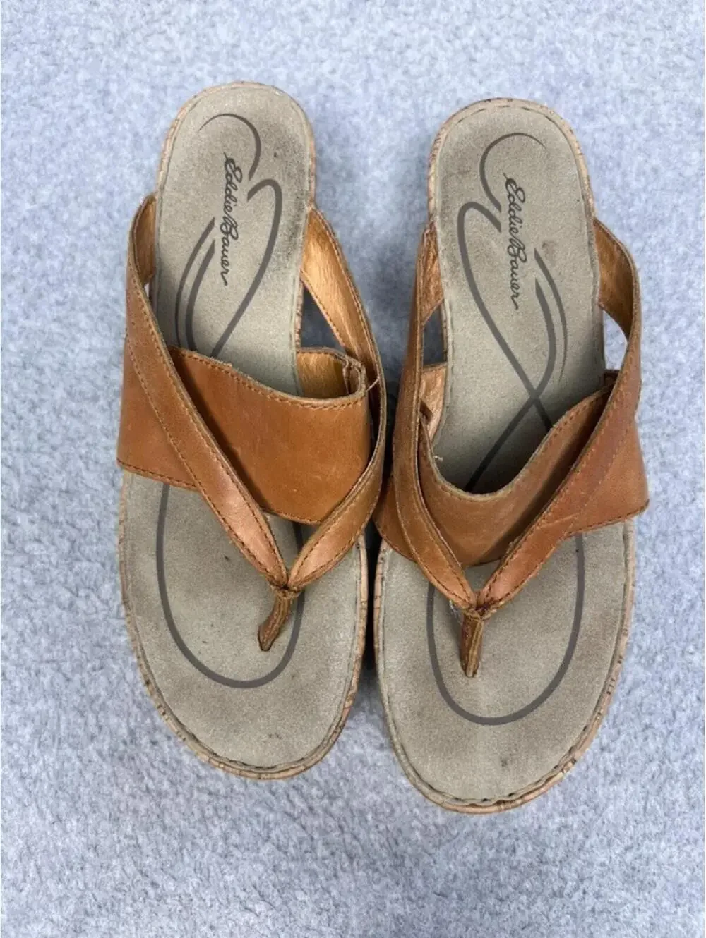 Eddie Bauer Kara Womens 9 Brown Leather Cork Wedge Thong Sandals Platform Shoes